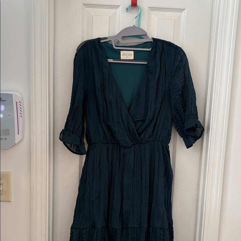 Deep Teal Wrap Midi Dress with Gathered Waist